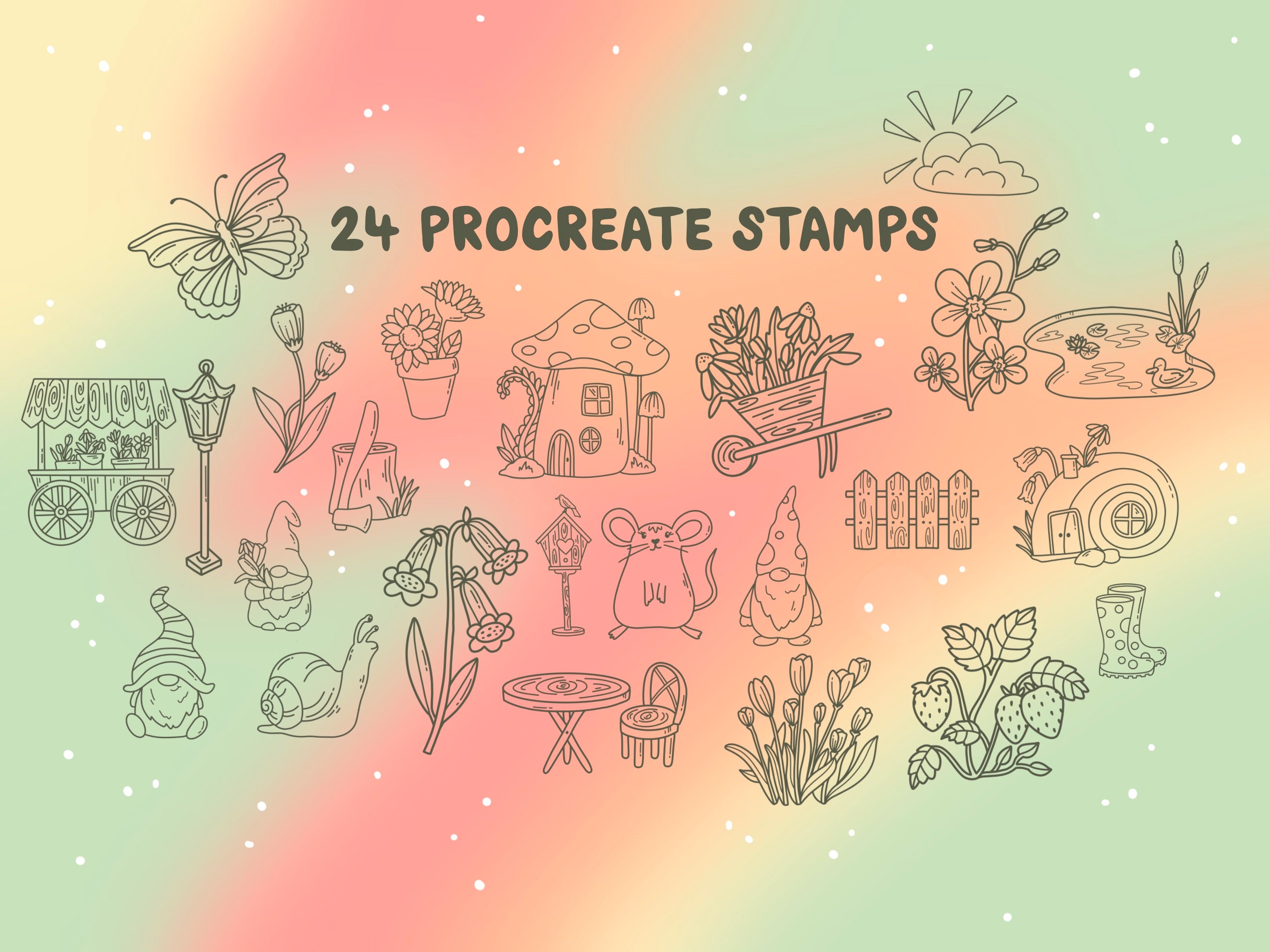 24 Procreate Gnome Garden Stamps: Kawaii Nature, Mushrooms, Spring and ...