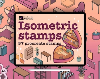 May include: A digital illustration of a pink heart-shaped box with a variety of isometric furniture and home decor items inside. The text "Isometric stamps" and "57 procreate stamps" is displayed on the box. The image is surrounded by a variety of isometric furniture and home decor items.