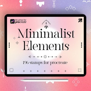 Może przedstawiać: Ekran tabletu wyświetlający produkt cyfrowej sztuki o nazwie "Minimalist Elements" z 196 znaczkami do Procreate. Ekran jest różowy i fioletowy z białym rysikiem na różowym tle.