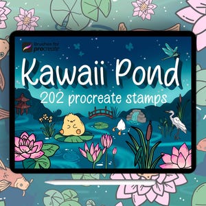 Más de 200 sellos de estanque kawaii de Procreate / lindos garabatos kawaii / sellos de peces koi / pinceles del mundo del jardín / flores y plantas de loto / naturaleza mágica