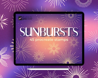 45 Procreate Sunburst-stämplar: Celestial Radiant Circles och eleganta tatueringspenselmallar