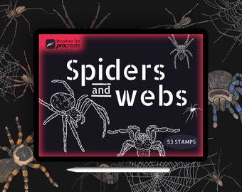 Plus de 50 pinceaux pour tampons Procreate araignées et toiles : ensemble de tatouages d'insectes effrayants pour Halloween tarentule