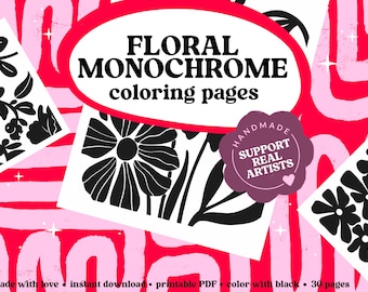 Floral Monochrome Coloring Book Pages: 30 Printable One Color Designs, Flower Mandala, Digital Download