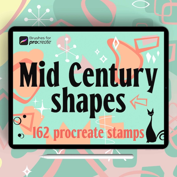 160+ procreate mid century stamps brushes | retro stamp set | mcm stamp brush pack | atomic age | geometric shapes with 50s, 60s elements