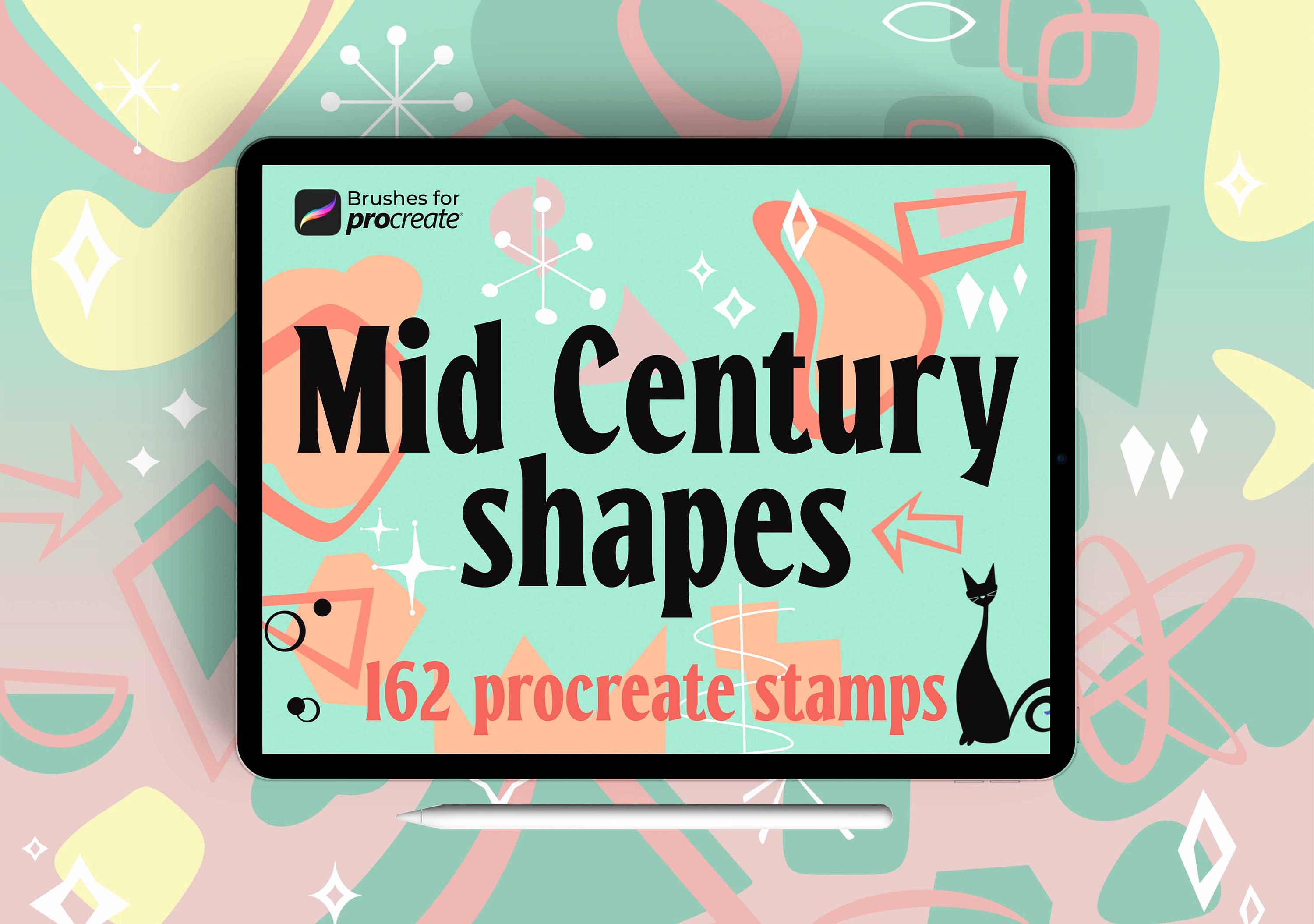160+ Procreate Mid‑Century Stamps & Brushes | Retro MCM Shapes, Atomic Age Geometrics