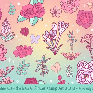 May include: A digital illustration of a variety of pink, purple, and white flowers with green leaves and butterflies. The flowers are in a kawaii style, which is a Japanese style of art that is characterized by its cuteness and simplicity. The background is a gradient of pink and blue.
