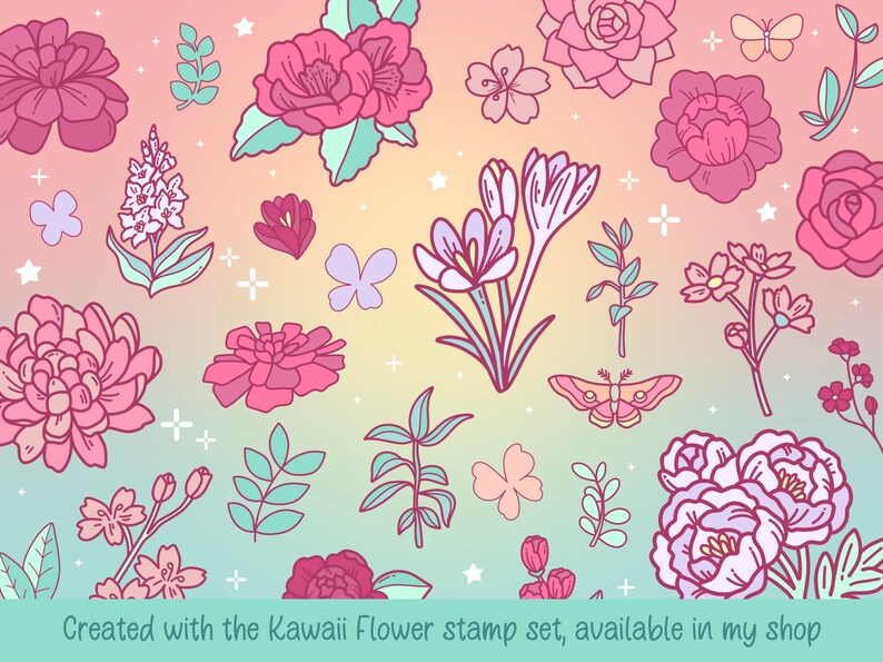 May include: A digital illustration of a variety of pink, purple, and white flowers with green leaves and butterflies. The flowers are in a kawaii style, which is a Japanese style of art that is characterized by its cuteness and simplicity. The background is a gradient of pink and blue.