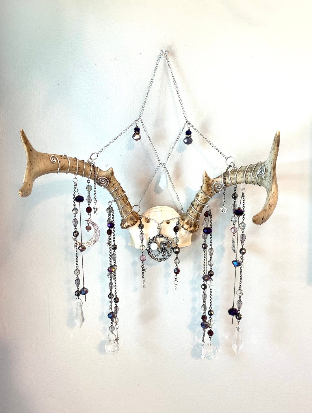Antler Skull Cap Suncatcher Child of Night Upcycled Jewelry Wall Art on