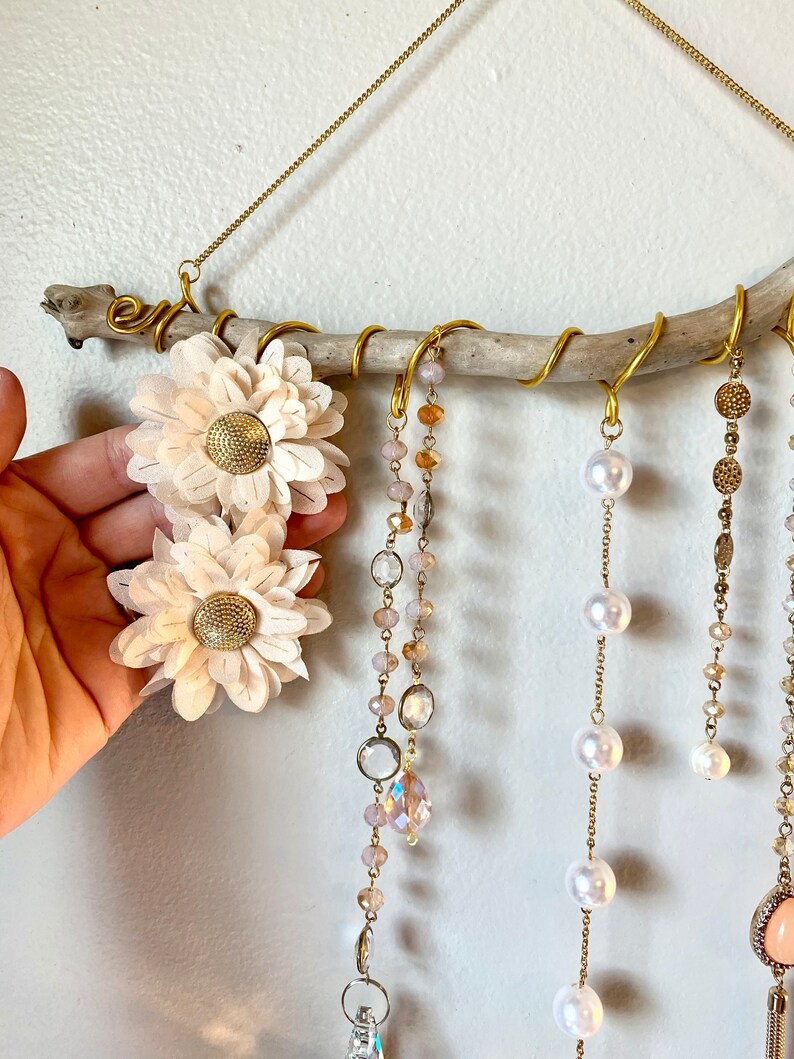 Peach and Bows Driftwood Suncatcher Flowers Upcycled Jewelry