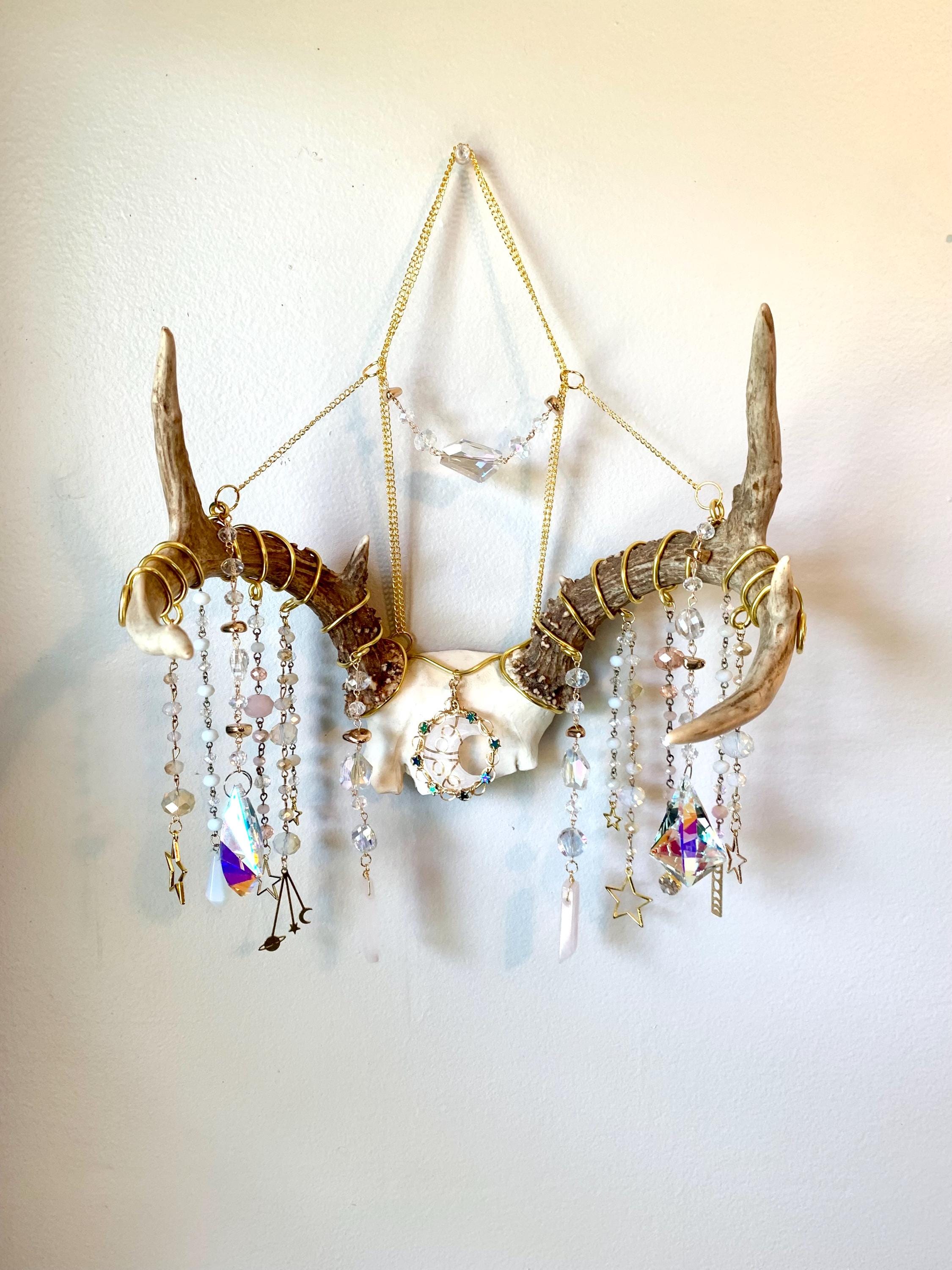 Antler Skull Suncatcher: Upcycled Jewelry Wall Hanging