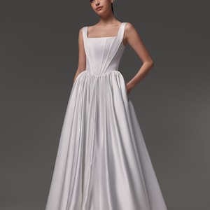 Satin Wedding Dress Casia: Basque Waist, Square Neck Bridal Gown