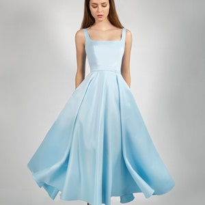 Satin Tea Length Light Blue Dress Etsy