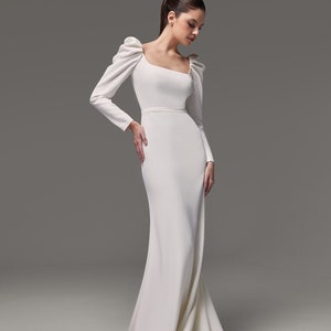 Crepe Fit & Flare Wedding Dress Berta: Modest Square Neck Bridal Gown with Long Sleeves