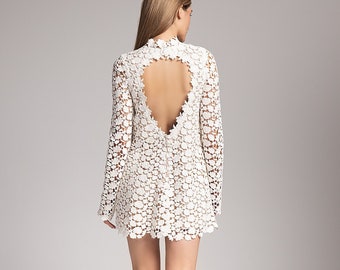 Cotton Lace Mini Wedding Dress: Long Sleeve Civil Wedding Gown