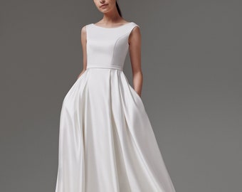 Abito da sposa lungo in raso con elegante scollo a barca Brianna / Silhouette a trapezio / Abito da sposa semplice