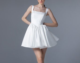 RTS Satin Mini Wedding Dress: Lace-Up Corset, Basque Waist