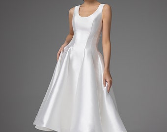 Midi Mikado Wedding Dress, Scoop Neck A-Line Skirt, Civil Bride