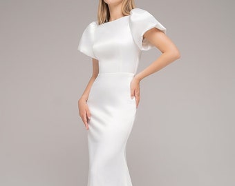 Satin wedding dress AUDREY. Minimalist dress | Fit&flare silhouette | Modest wedding dress with short sleeves