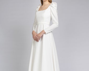 Midi wedding dress DAKOTA. Casual wedding dress | Civil wedding dress | Long sleeve dress