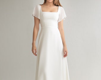 RTS Modest Chiffon Square Neck Wedding Dress, A-line silhouette
