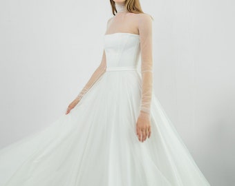 Modest wedding dress LIZ. Transparent sleeves | A-line silhouette | long wedding gown