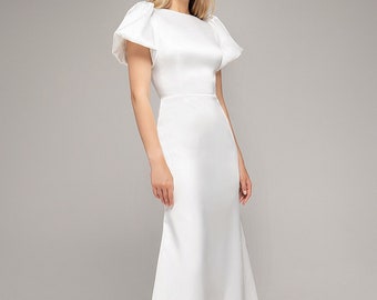 Midi wedding dress AUDREY. Satin wedding dress | Fit&flare silhouette | Modest wedding dress with short sleeves