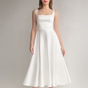 Satin A-Line Midi Wedding Dress Mila: Square Neck Tea Length Elopement Gown