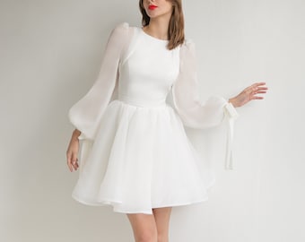 Mini wedding dress FILICI. Short white dress | Cocktail dress | Long sleeve dress