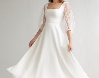 Robe de mariée midi EDISON. Robe de mariée en crêpe | Robe de mariée décontractée | Robe de mariée civile