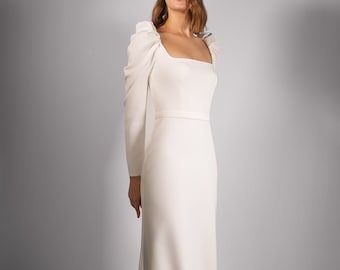 Modest wedding dress BIANCA. Crepe wedding dress, square neckline, sheath silhouette, dress with puff sleeves