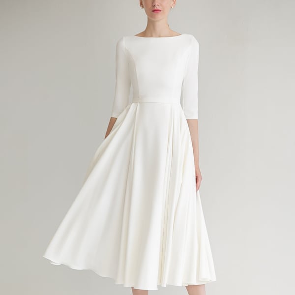 Skromna suknia ślubna ADRI MIDI. Suknia ślubna z krepy | suknia ślubna sądu | suknia ślubna midi