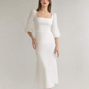 Modest wedding dress TILDA. Crepe wedding dress | casual wedding dress | midi wedding dress