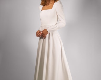 Modest wedding dress CAMILLA MIDI. Courthouse wedding dress | Long sleeve dress | Simple wedding dress