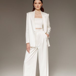 Modern Bridal Satin Suit With Palazzo Pants And Long Sleeve Jacket Andrea | Ivory Wedding Suit | Wedding Dress Alternative
