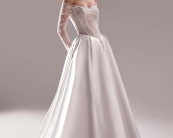 Vestido de novia de satén con espalda de corsé Adore / Vestido de corte A con mangas largas de encaje