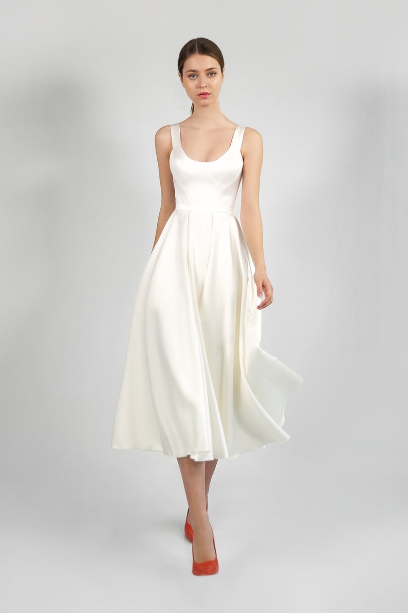 Satin wedding dress BARBARA MIDI. Romantic white dress midi wedding dress reception dress image 1