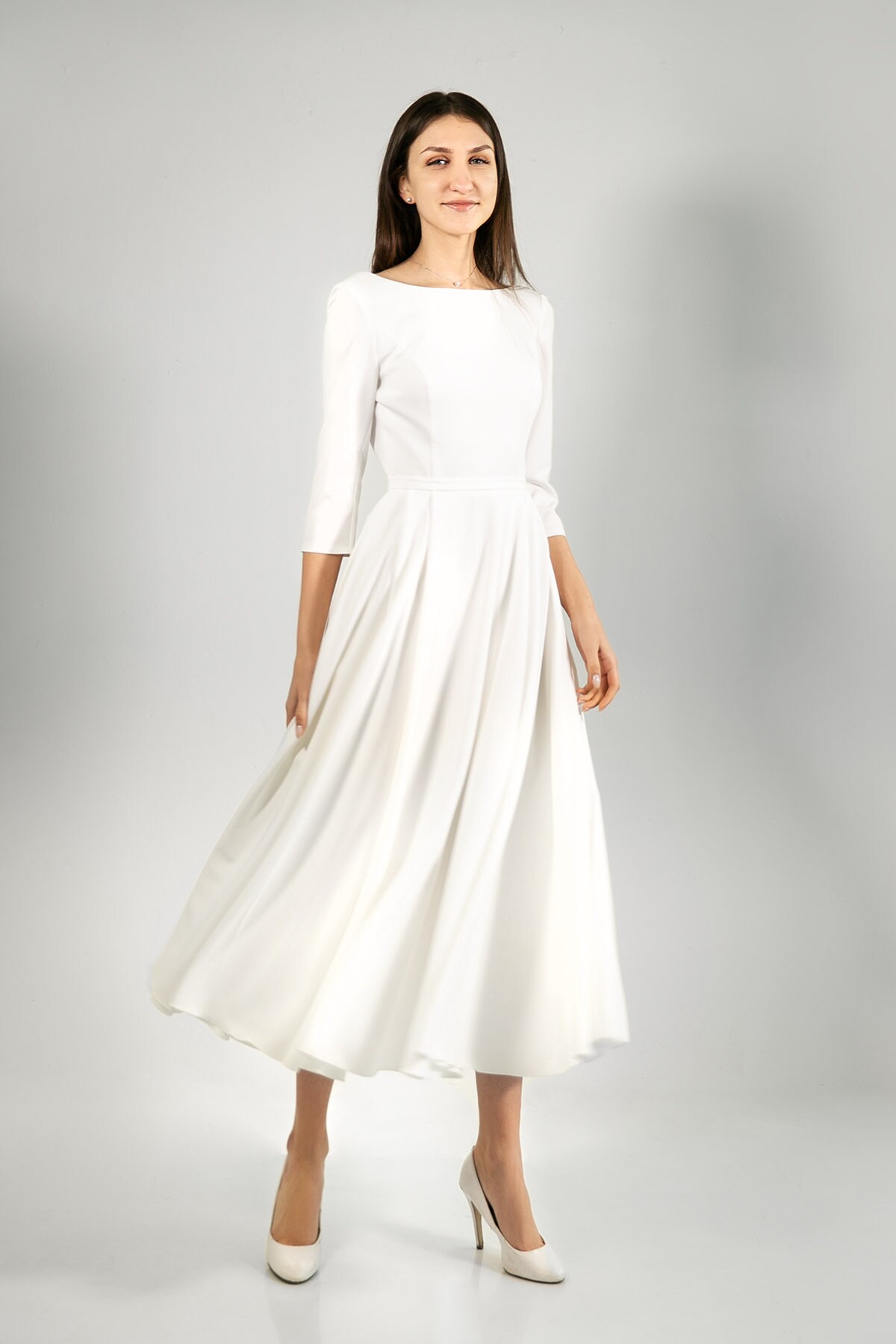 Crepe Wedding Dress JULIE MIDI. Modest Wedding Dress Boat | Etsy