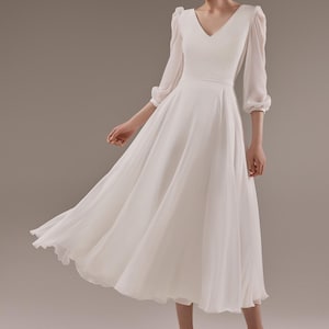 A-Line Chiffon Sleeve Wedding Dress Valerie: Modest V-Neck Crepe Elopement Gown