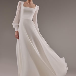 A-Line Chiffon Wedding Dress Edita: Square Neck Bishop Sleeves