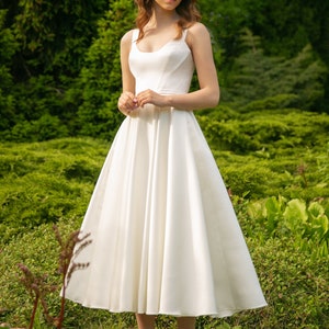 Satin wedding dress BARBARA MIDI. Romantic white dress midi wedding dress reception dress image 3