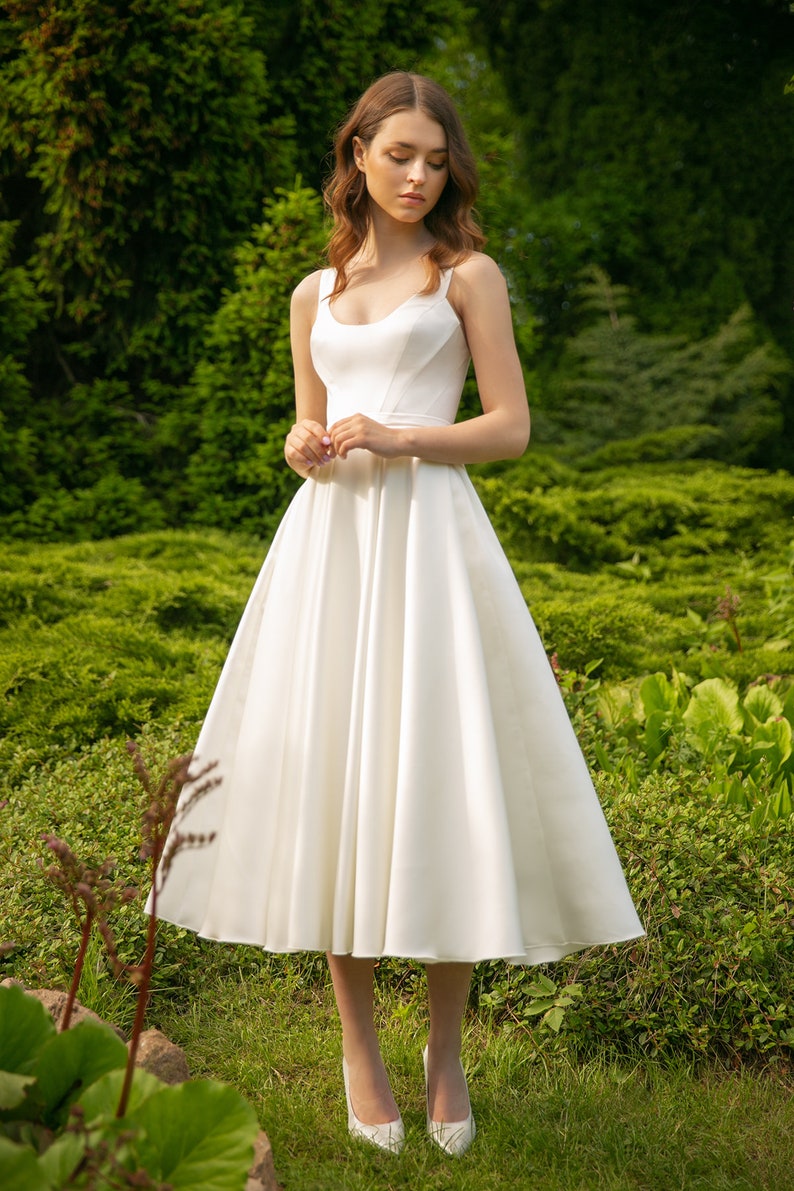 Satin wedding dress BARBARA MIDI. Romantic white dress midi wedding dress reception dress image 3