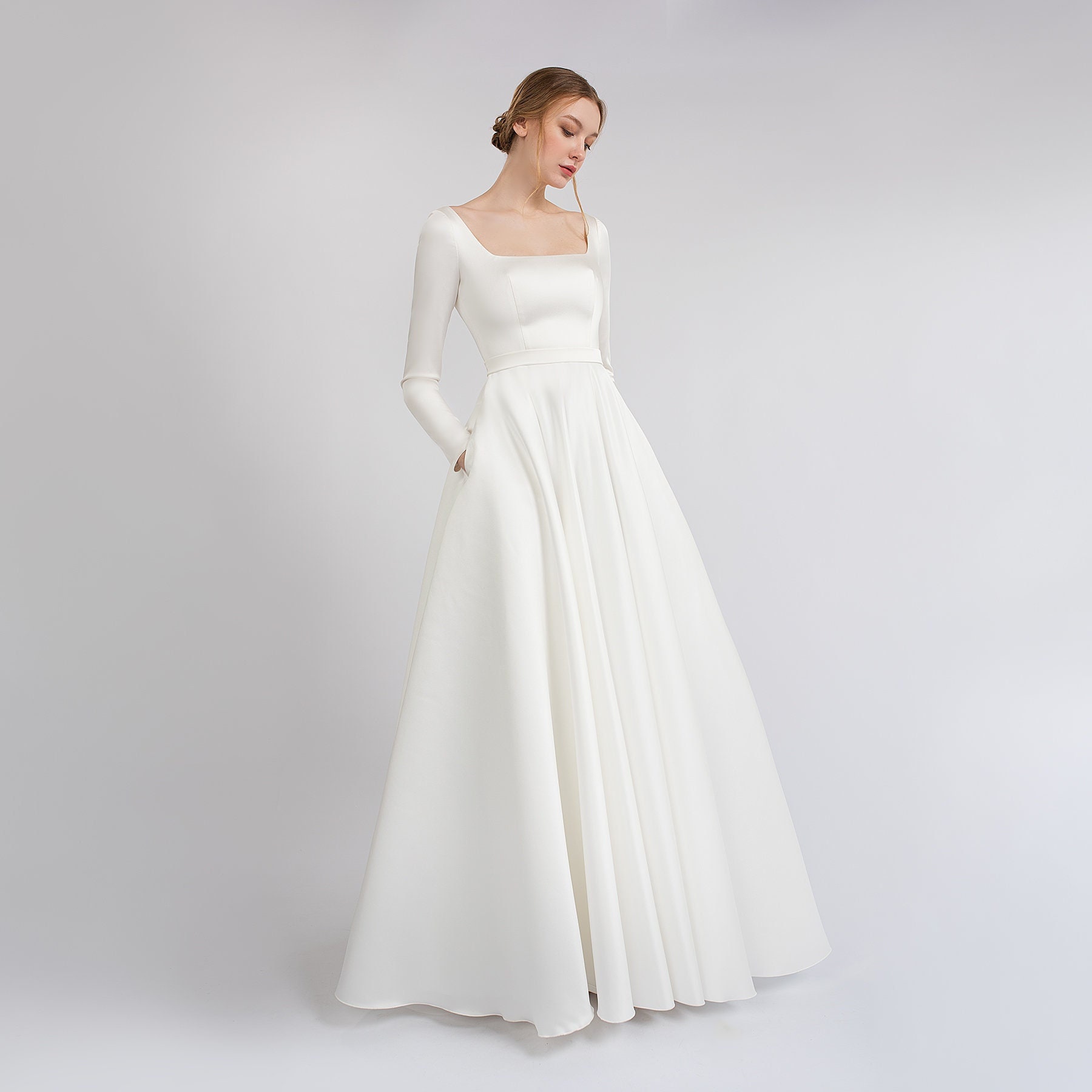Illusion Square Neck White Long Sleeves Princess Ball Gown Wedding