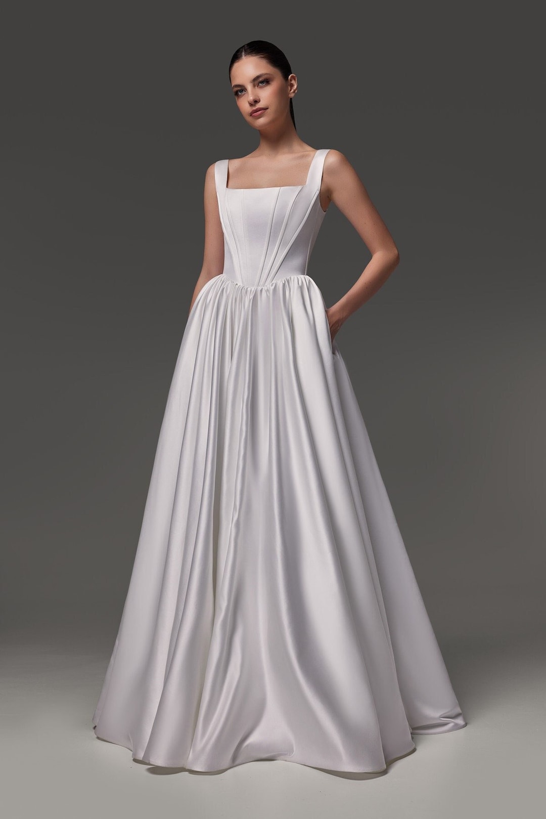aliexpress satin corset basque waist long wedding dress Satin Wedding Dress with Corset Bodice, Basque Waist, A-Line Skirt and Train, Elegant Bridal Gown, Minimalist Strapless Dress