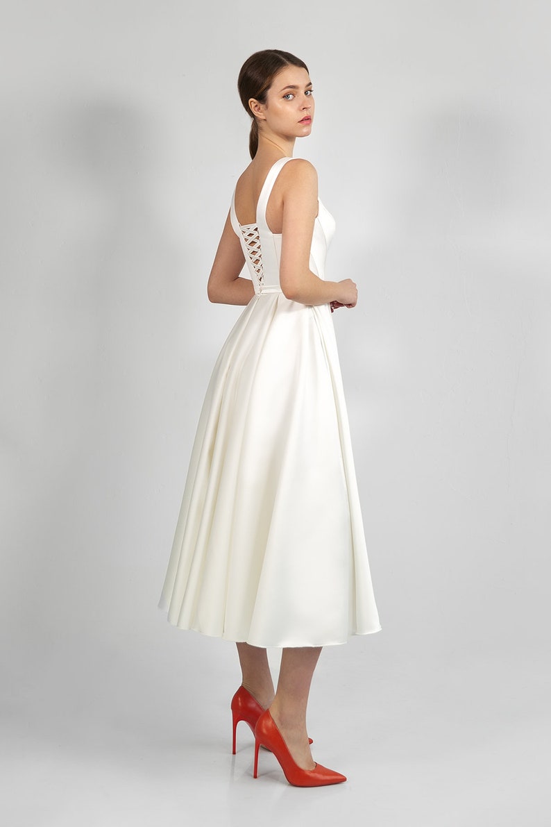 Satin wedding dress BARBARA MIDI. Romantic white dress midi wedding dress reception dress image 2