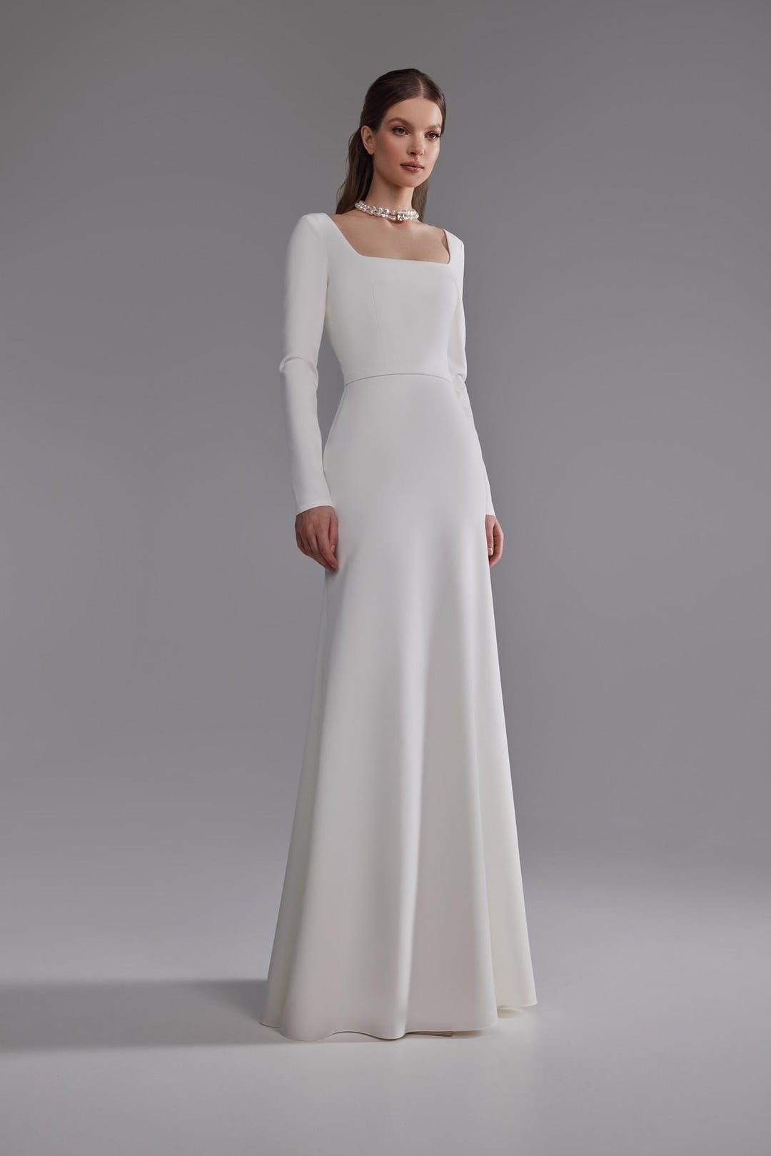 Crepe Wedding Dress Brittany: Square Neck, Long Sleeves, Modest Bridal Gown 