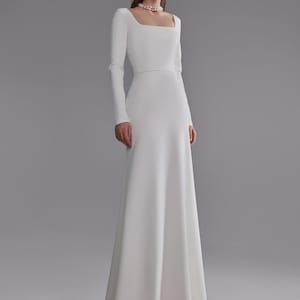 Crepe Wedding Dress Brittany: Square Neck, Long Sleeves, Modest Bridal Gown