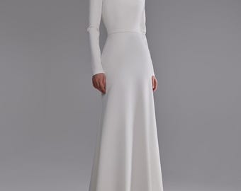 Crepe Wedding Dress Brittany: Square Neck, Long Sleeves, Modest Bridal Gown