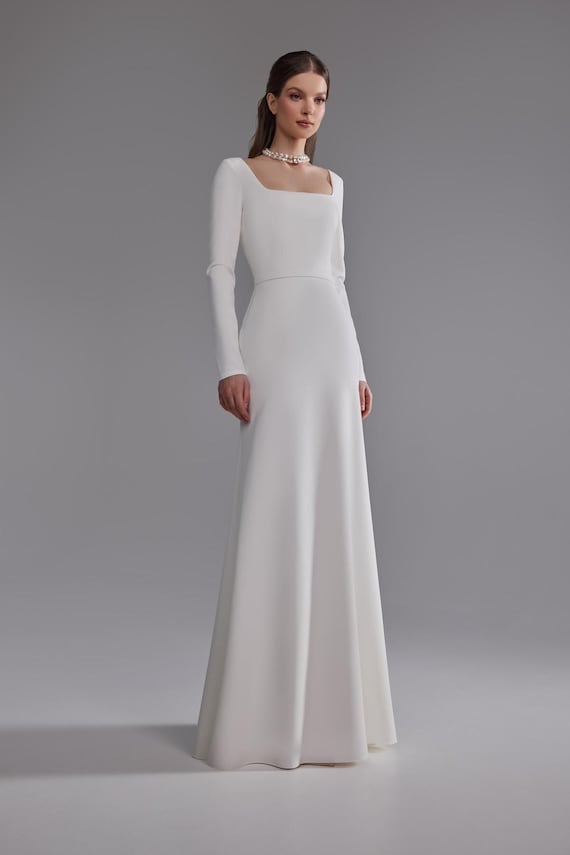Square Neck White Long Fitted Dress Square Neck Long Sleeve Midi Dress In  Ivory 14 Oh