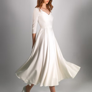 Modest wedding dress LERA. Crepe wedding dress | V-neckline | casual wedding dress | midi wedding dress