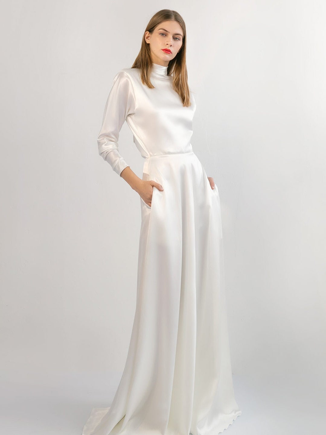 Glamorous Long White Long Sleeves Satin Crystal Wedding Dress With Det –